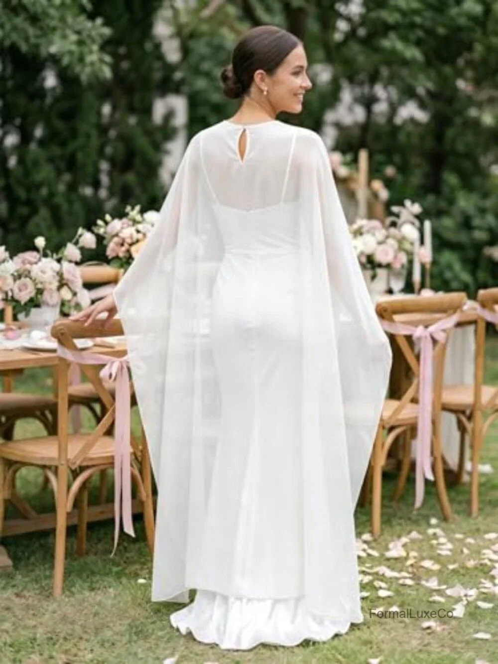 Women's Flowy Long Cape Shawl Sheer Chiffon Bridal Cover Up Pearl Button Closure